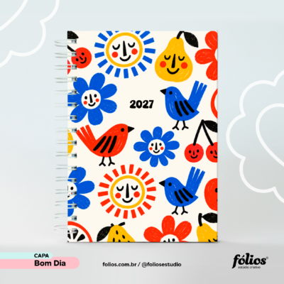 Capa Bom Dia do Meu Planner Fólios 2027, com flores e elementos coloridos sobre fundo claro.
