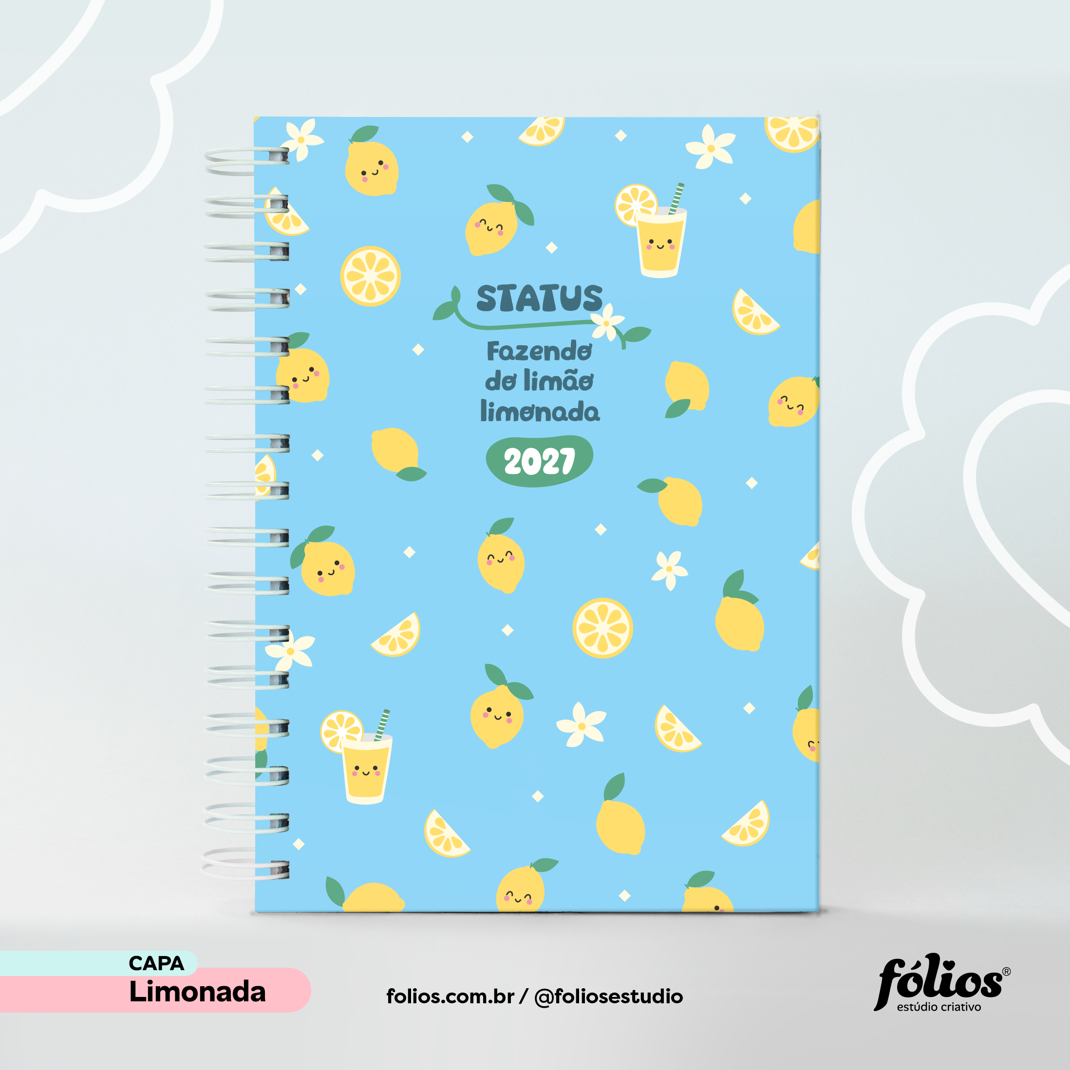Capa Limonada do Meu Planner Fólios 2027, com limões amarelos e folhas sobre fundo verde-claro.