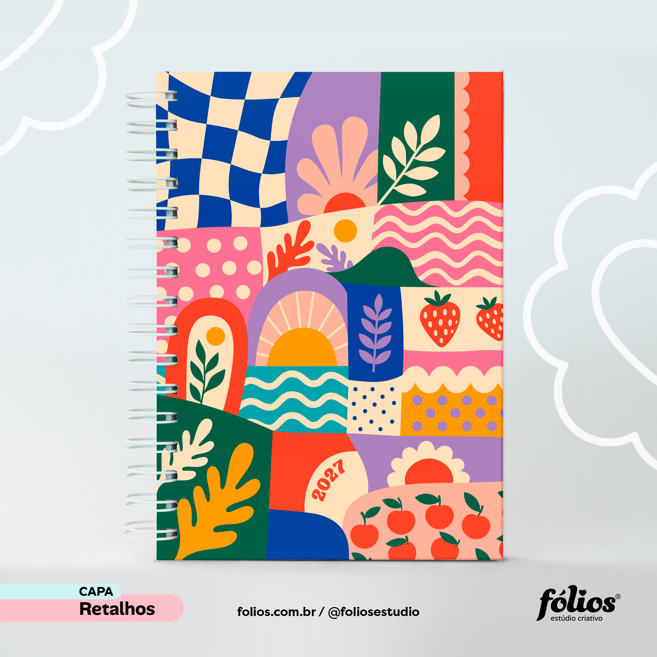 Capa Retalhos do Meu Planner Fólios 2027, com blocos geométricos e flores coloridas.