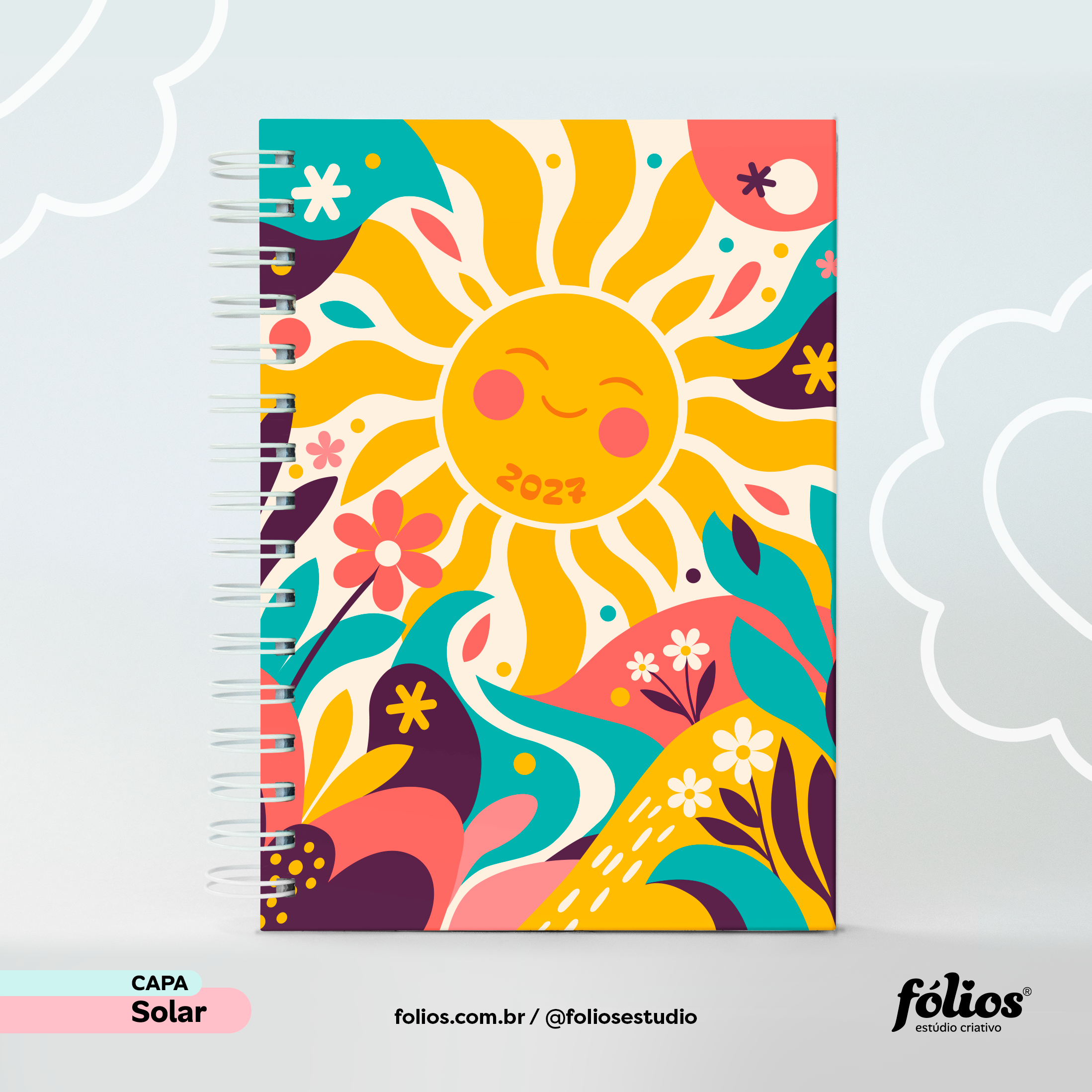 Capa Solar do Meu Planner Fólios 2027, com sol e flores coloridas sobre fundo amarelo.