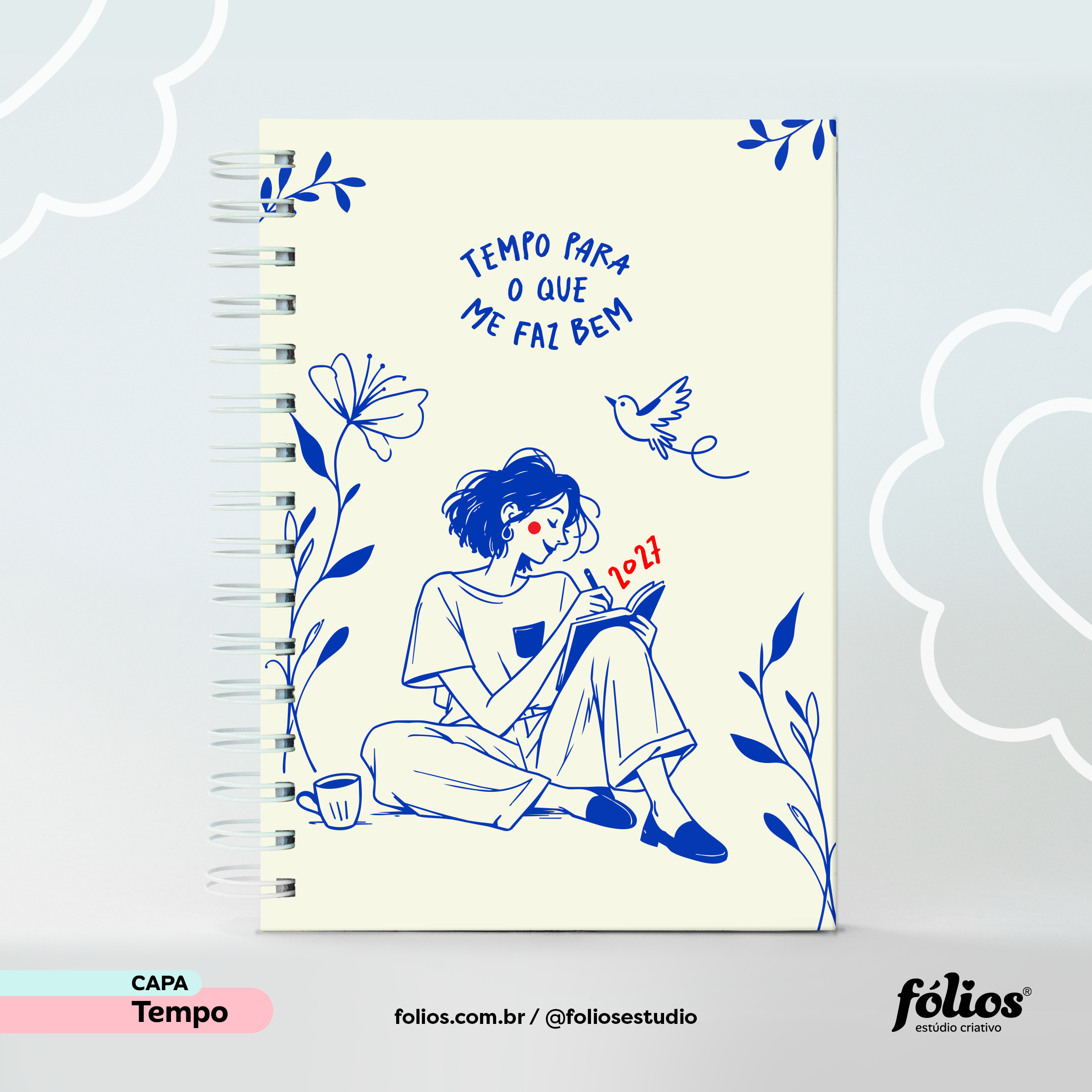 Capa Tempo do Meu Planner Fólios 2027, com ilustração azul de uma mulher lendo junto a plantas.