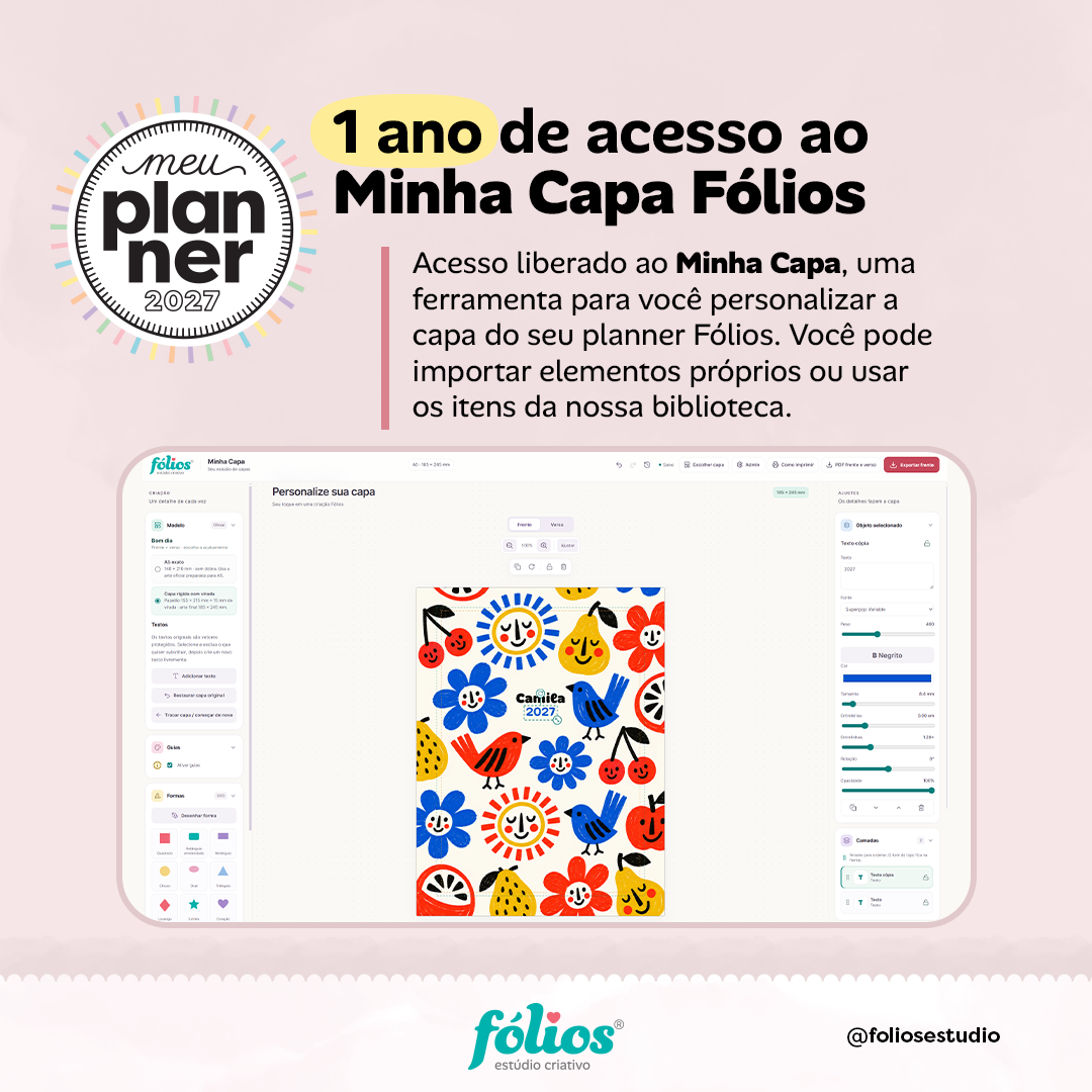 Um ano de acesso ao Minha Capa Fólios, com prévia da ferramenta para personalizar a capa do planner.