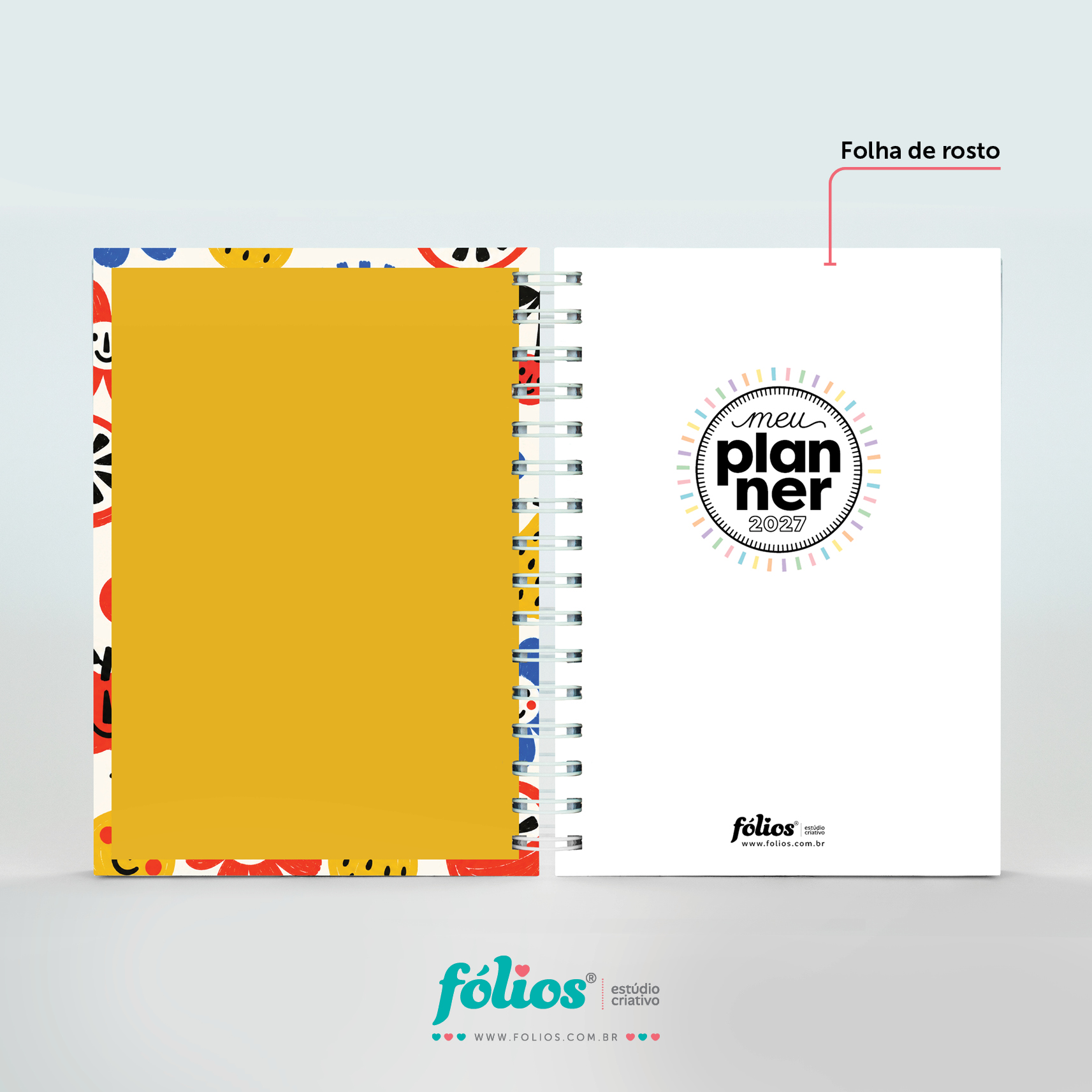Abertura do Meu Planner Fólios 2027, com guarda amarela e folha de rosto branca.