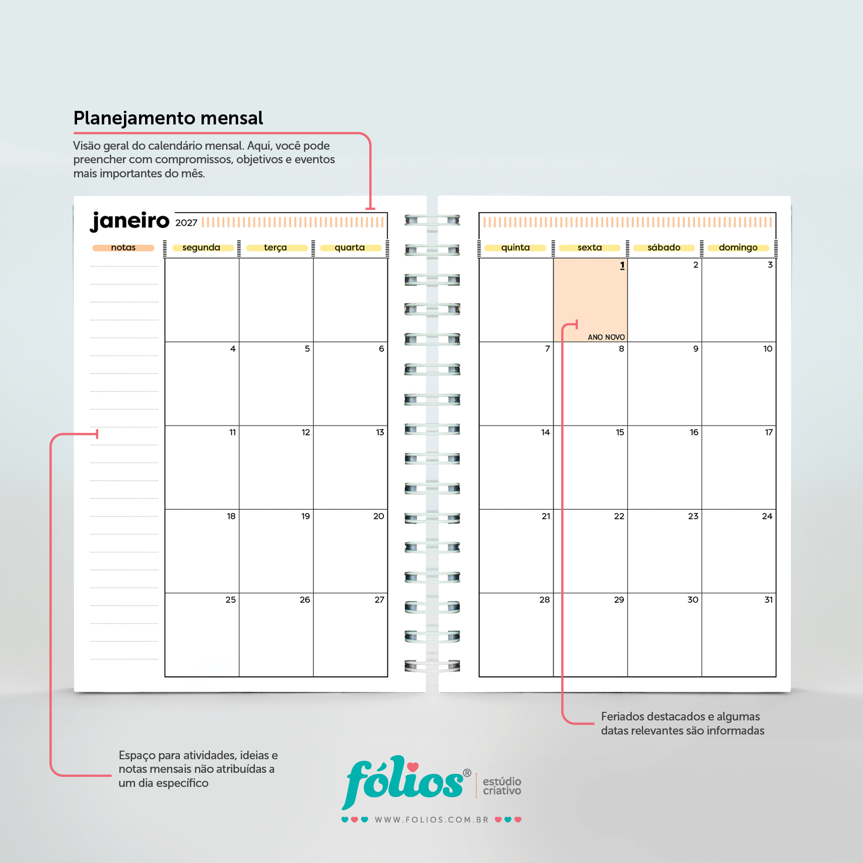 Planejamento mensal de janeiro de 2027 do Meu Planner Fólios, com calendário em duas páginas e espaço para notas.