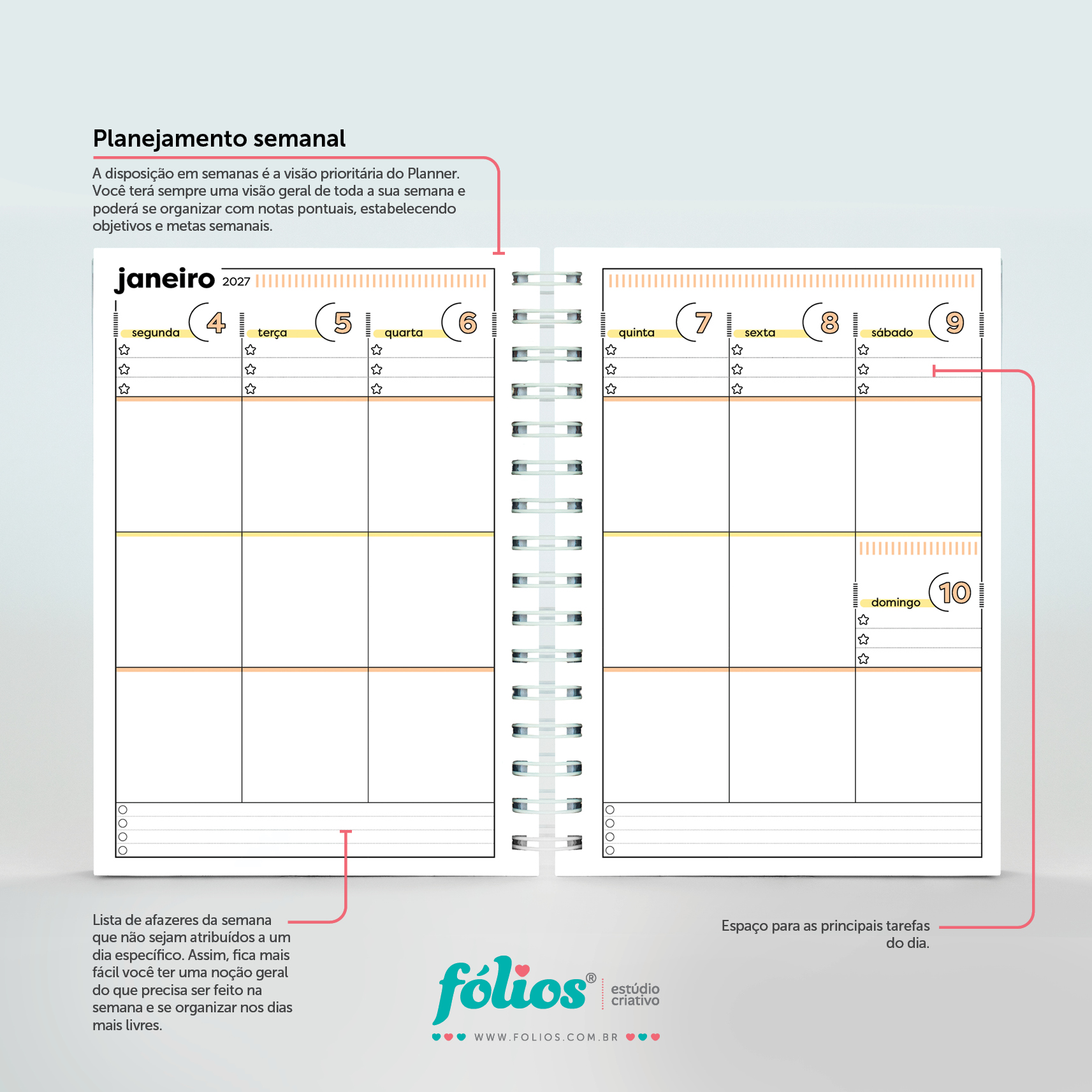 Planejamento semanal do Meu Planner Fólios 2027, com colunas para os dias e campos de tarefas e afazeres.