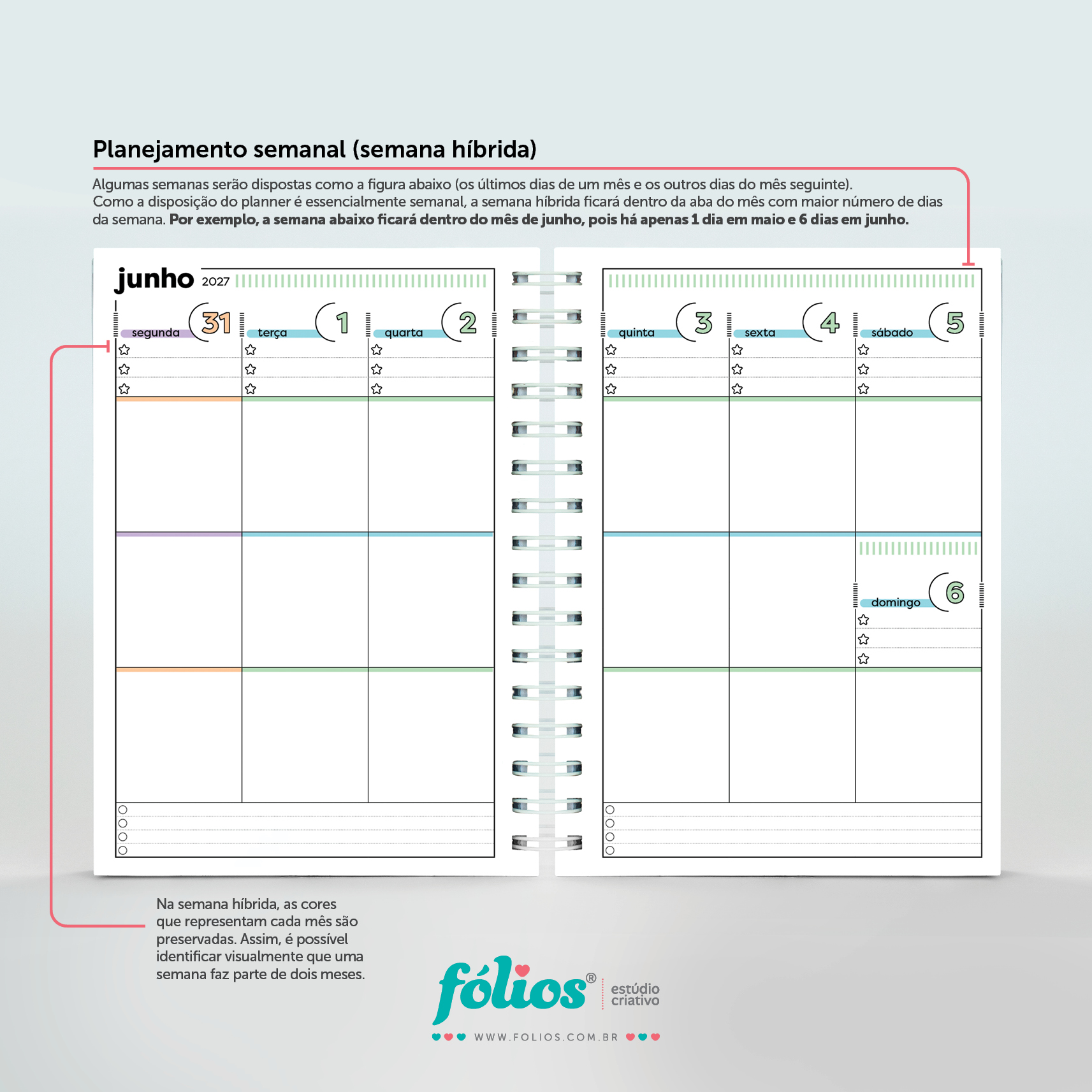Semana de 31 de maio a 6 de junho de 2027 no Meu Planner Fólios, com cores diferentes para identificar os dois meses.