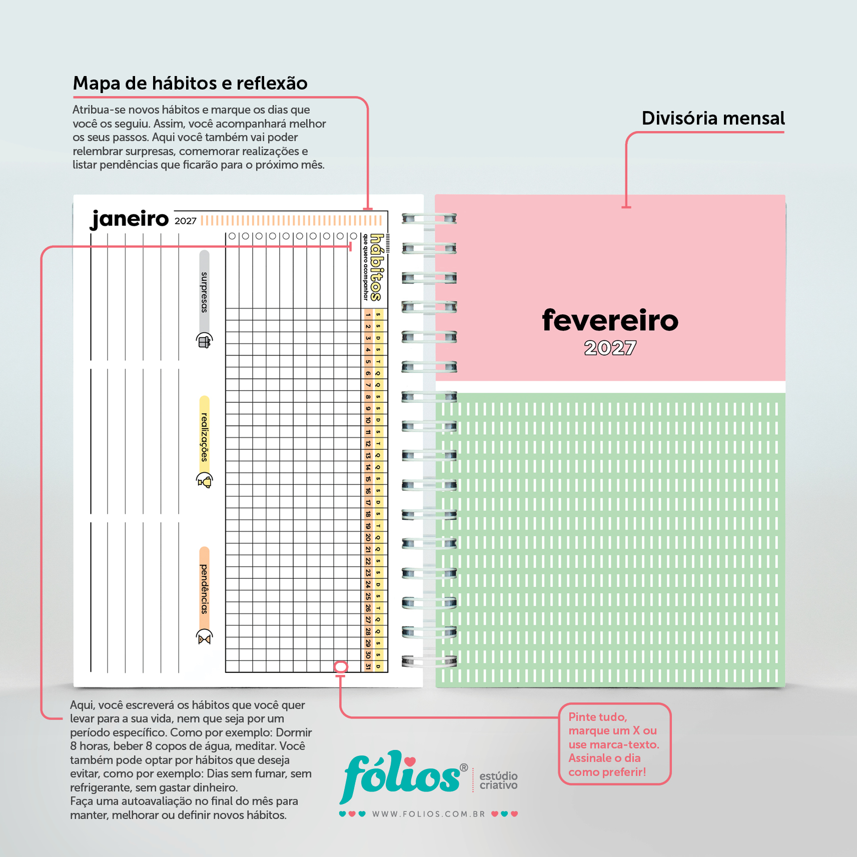 Mapa de hábitos e reflexão de janeiro e divisória de fevereiro de 2027 do Meu Planner Fólios.