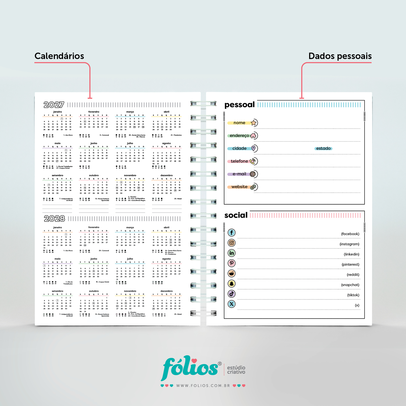 Calendários de 2027 e 2028 e página de dados pessoais do Meu Planner Fólios 2027.