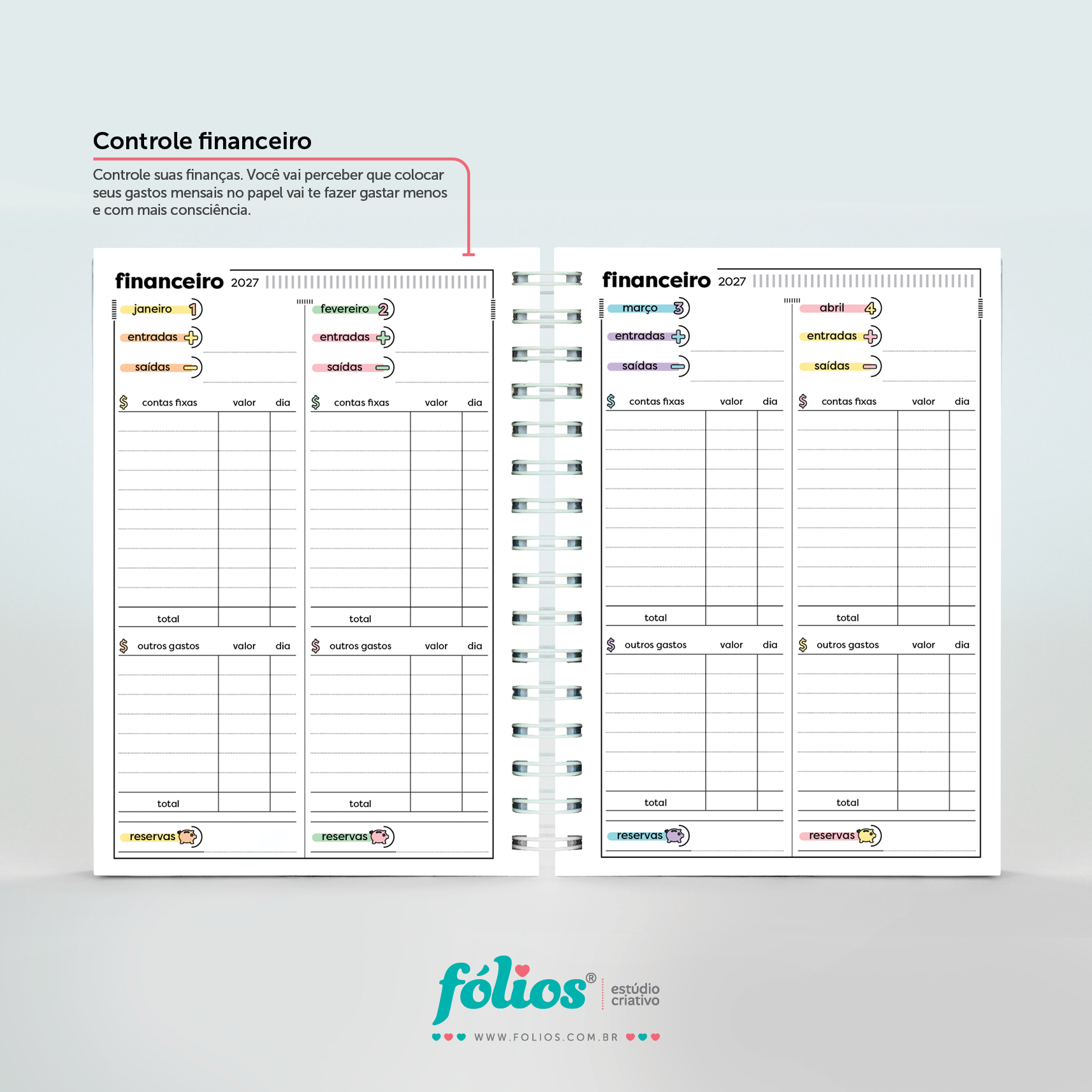 Controle financeiro do Meu Planner Fólios 2027, com entradas, saídas, contas fixas, outros gastos e reservas.