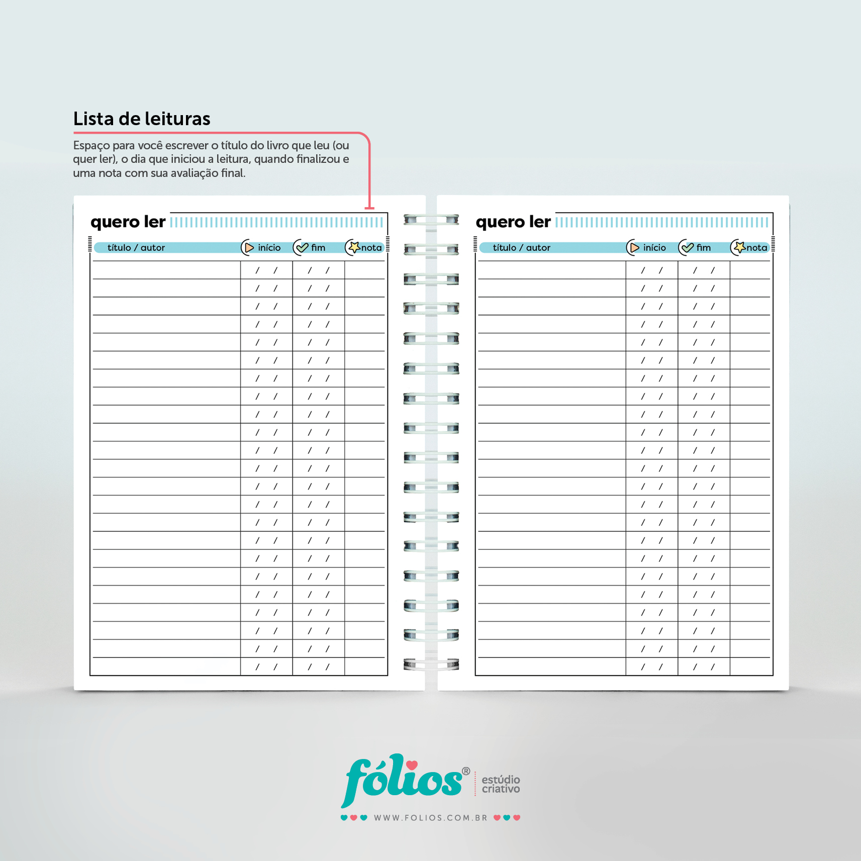 Lista de leituras do Meu Planner Fólios 2027, com título, autor, datas de início e fim e avaliação.