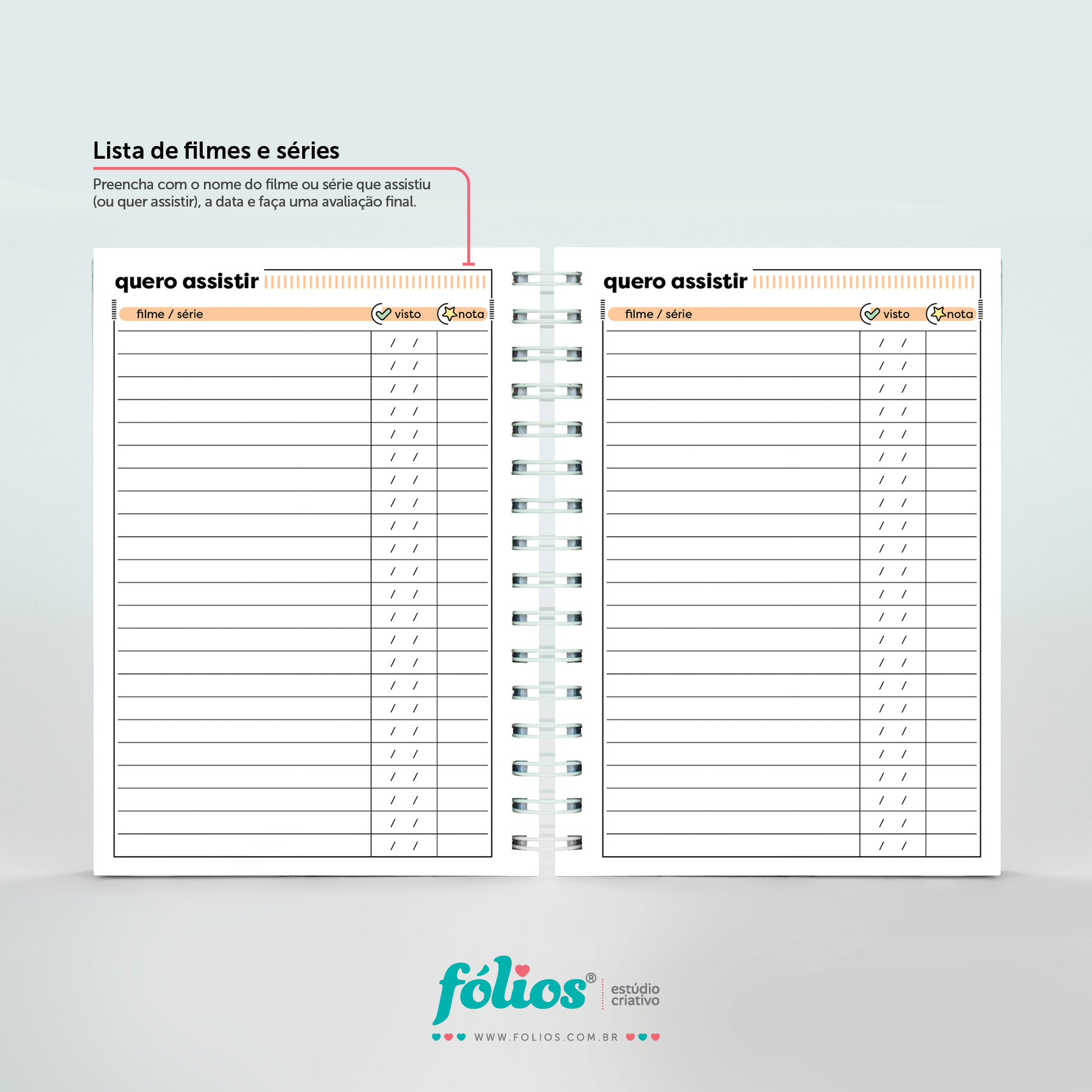 Lista de filmes e séries do Meu Planner Fólios 2027, com campos para marcar o que foi visto e dar uma nota.