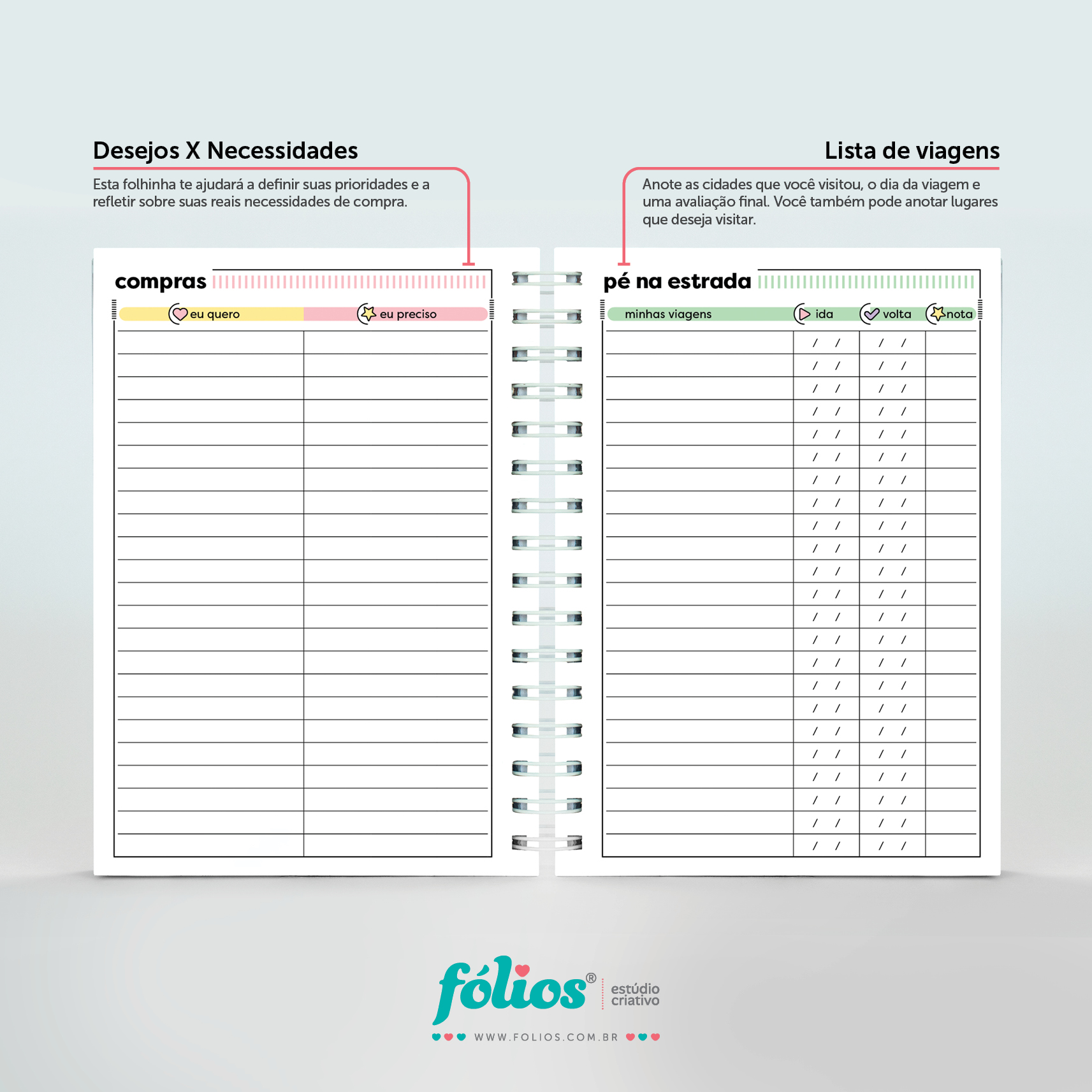 Listas de compras e viagens do Meu Planner Fólios 2027, com desejos, necessidades, datas e avaliação da viagem.
