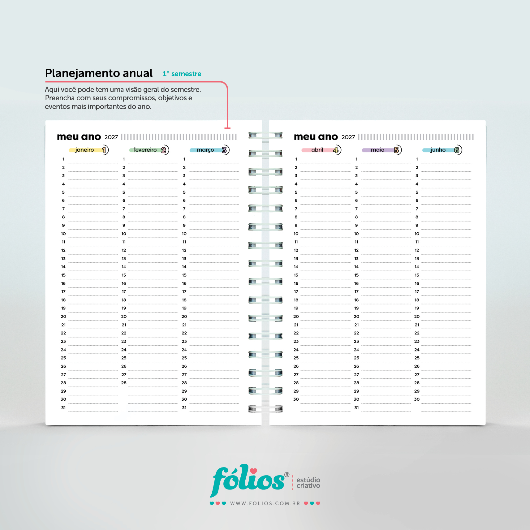 Planejamento anual do primeiro semestre de 2027, com colunas de janeiro a junho no Meu Planner Fólios.