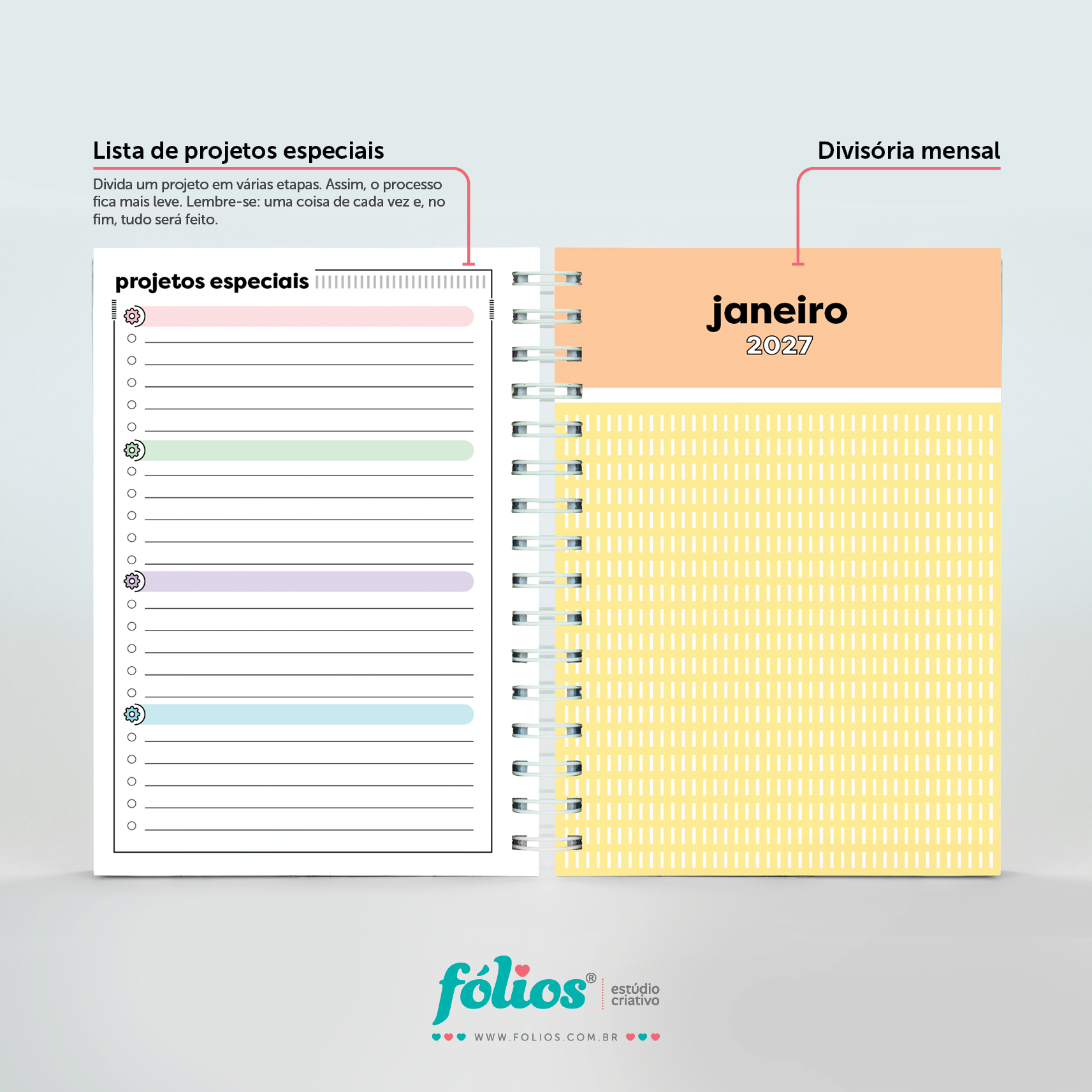 Lista de projetos especiais e divisória de janeiro de 2027 do Meu Planner Fólios, em laranja e amarelo.